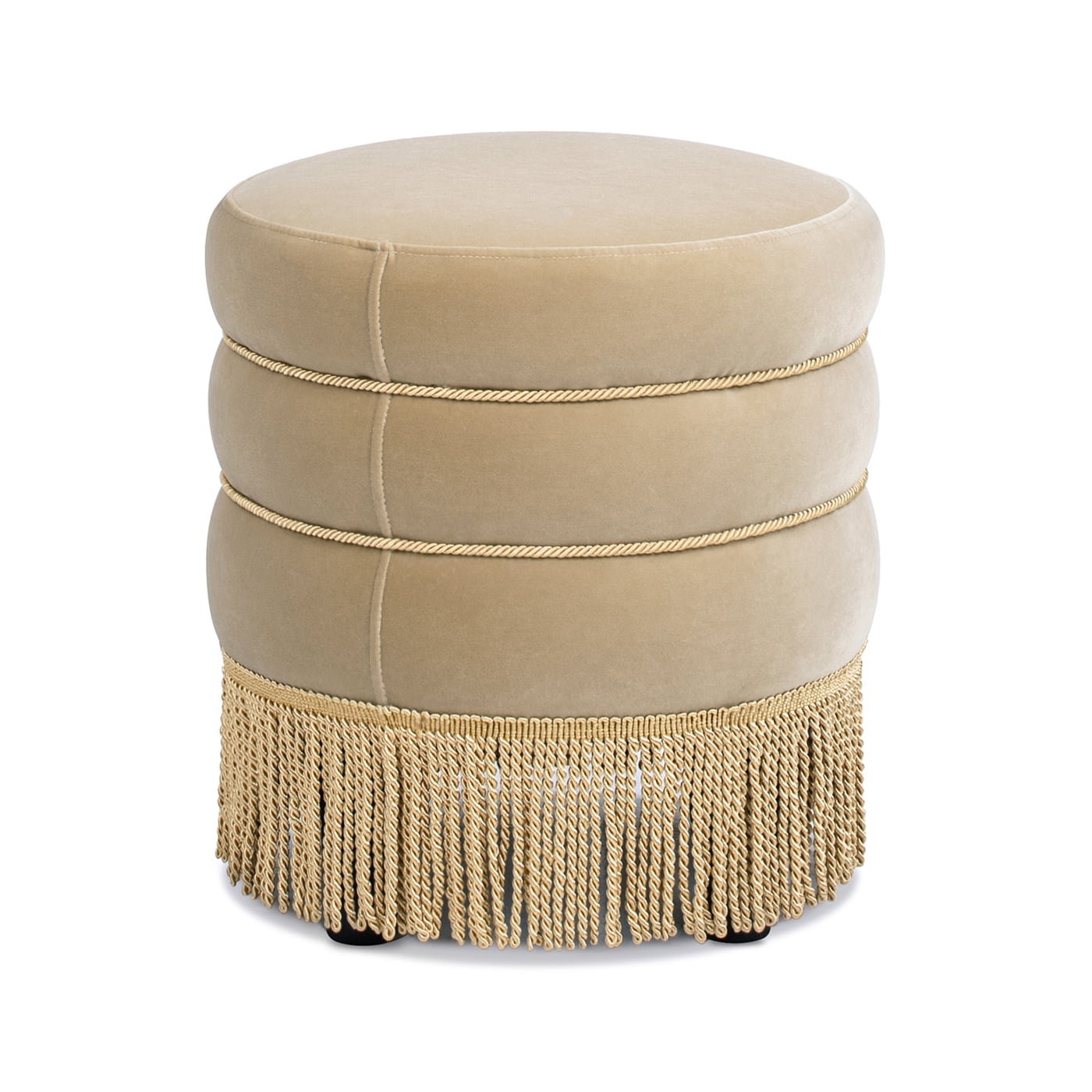 Jennifer Taylor Home Edward 17.5" Round Upholstered Ottoman with Bullion Fringe, Fawn Brown Performance Velvet