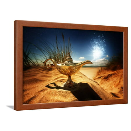 Magic Lamp in the Desert from the Story of Aladdin with Genie Appearing in Blue Smoke Concept for W Framed Print Wall Art By