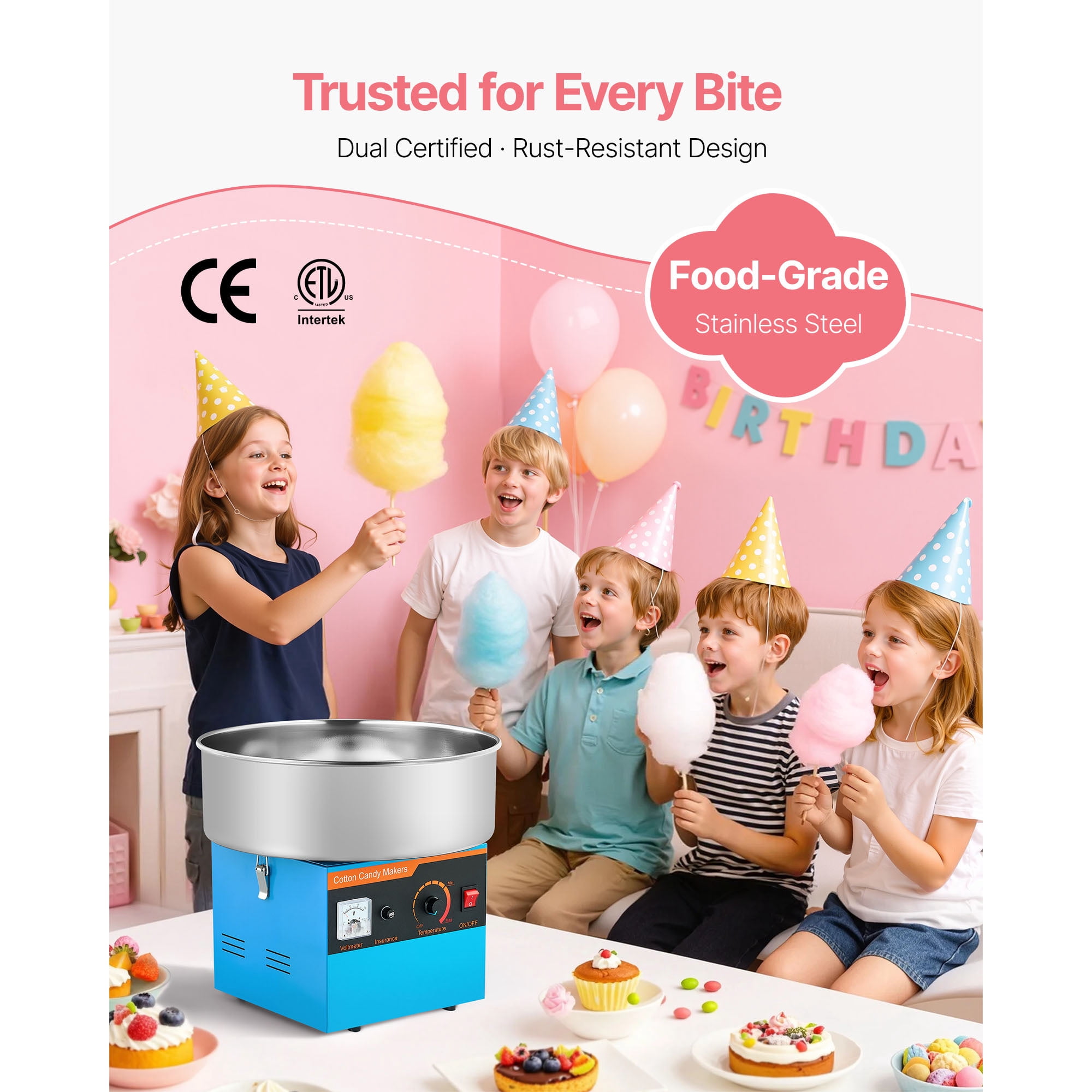 KFFKFF Commercial Cotton Candy Machine, 1000W Electric Floss Maker with 15-Inch Stainless Steel Bowl and Sugar Scoop, Ideal for Hard Candy Creations at Home, Kids' Birthdays, and Family Gatherings