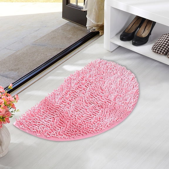 Chenille Half Circle Bathroom Rug, Non Slip Water Absorbent Bath Mat, Washable Bath Rugs for Bathroom Floor Bathtub, Pink, 1.2 x 1.8 Feet