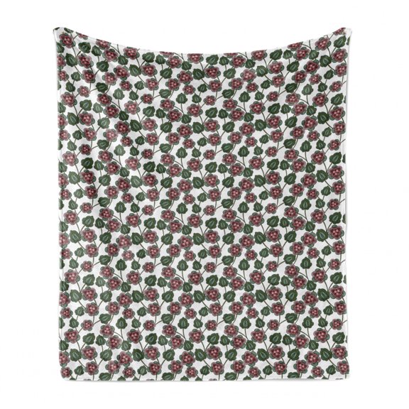 Floral Soft Flannel Fleece Throw Blanket, Computer Graphics of Detailed Blossoms with Leaves, Cozy Plush for Indoor and Outdoor Use, 50" x 70", Jade Green Pink, by Ambesonne