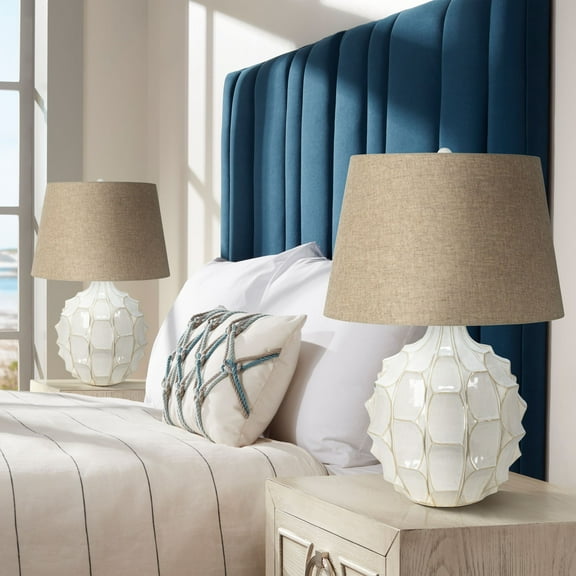 Possini Euro Design Cosgrove Modern Mid Century Table Lamps 26 1/2" High Set of 2 White Glazed Ceramic Light Brown Linen Drum Shade for Living Room