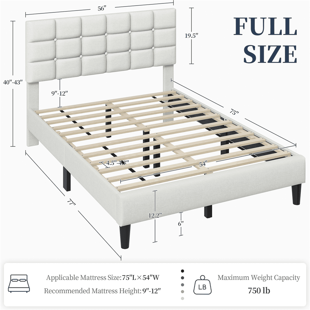 Renwick Full Size Upholstered Platform Bed with Square Tufted Headboard, Beige