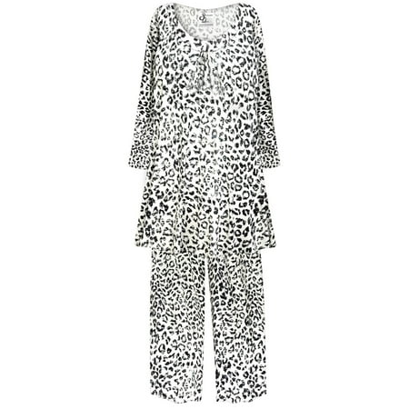 

Plus Size Women’s Long Sleeve Sleepwear with Long Pants Soft Loungewear Black & White Leopard Print Pajama Set XL 2x