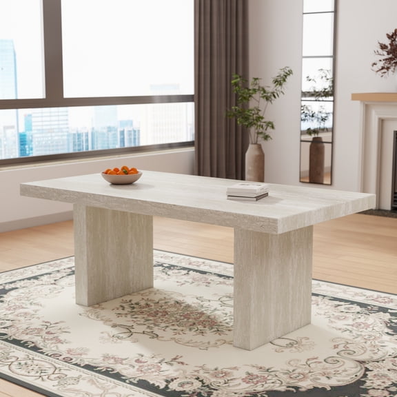 Roundhill Furniture Cavira Modern Faux Marble Dining Table with Double Pedestal Base, Gray