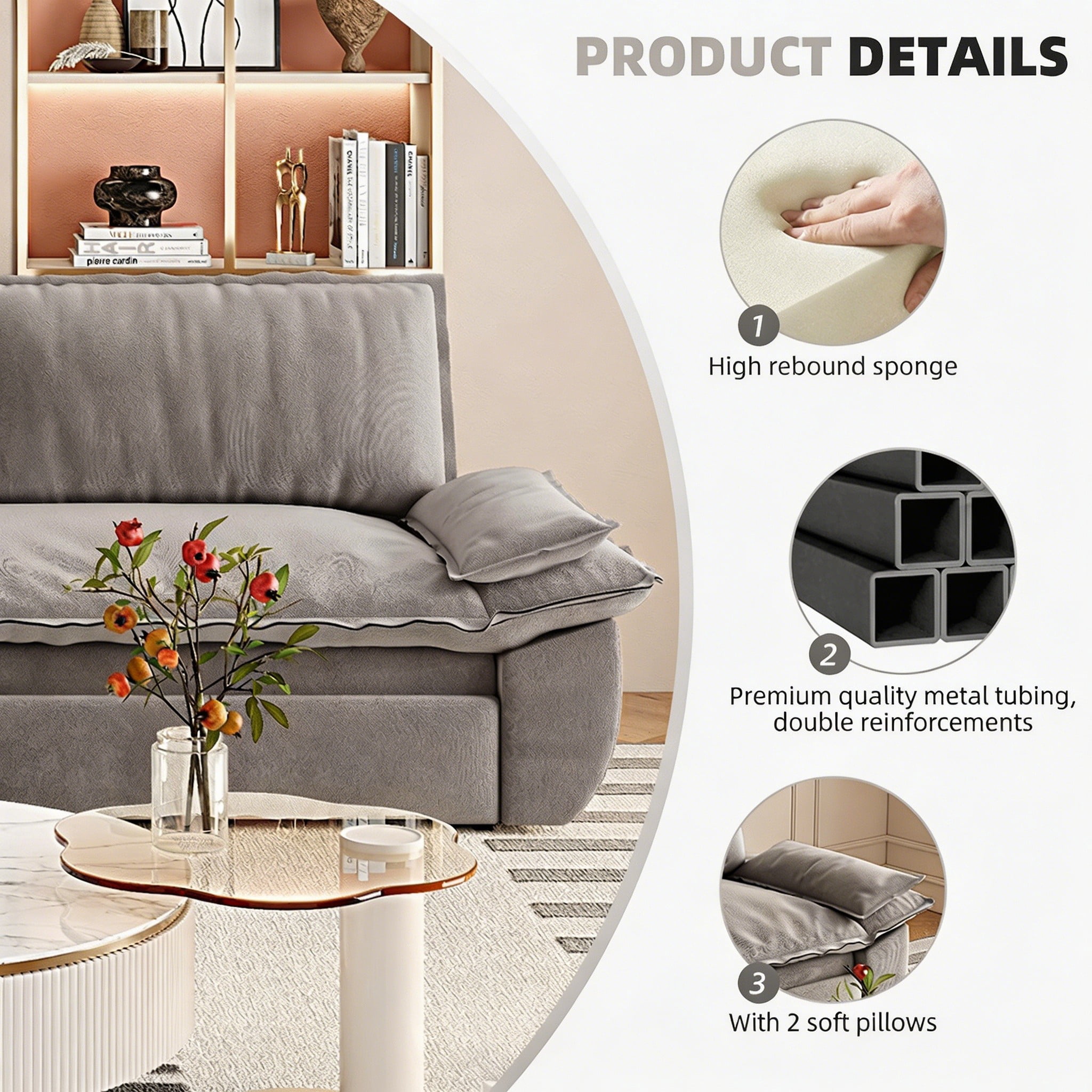 Multi-Functional Velvet 3-in-1 Convertible Sofa Bed, Queen Size Sleeper Loveseat with 2 Pillows, Light Gray