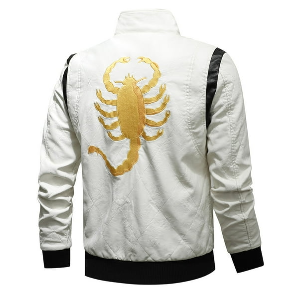 2021 nueva chaqueta de cuero de primavera para hombre chaqueta de motocicleta con bordado de escorpion con capucha extraible chaquetas de cuero ajustadas para hombre AIOPESON Chaqueta de poliuretano B...
