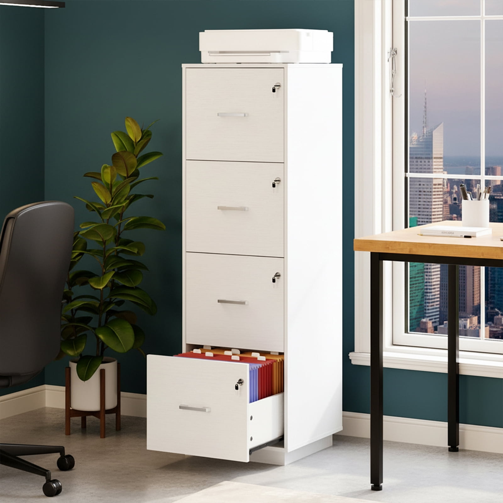 Ktaxon Wood 4-Drawer Lateral File Cabinet with Lock for Home Office, Lockable Filing Cabinet, Easy to Assemble, White
