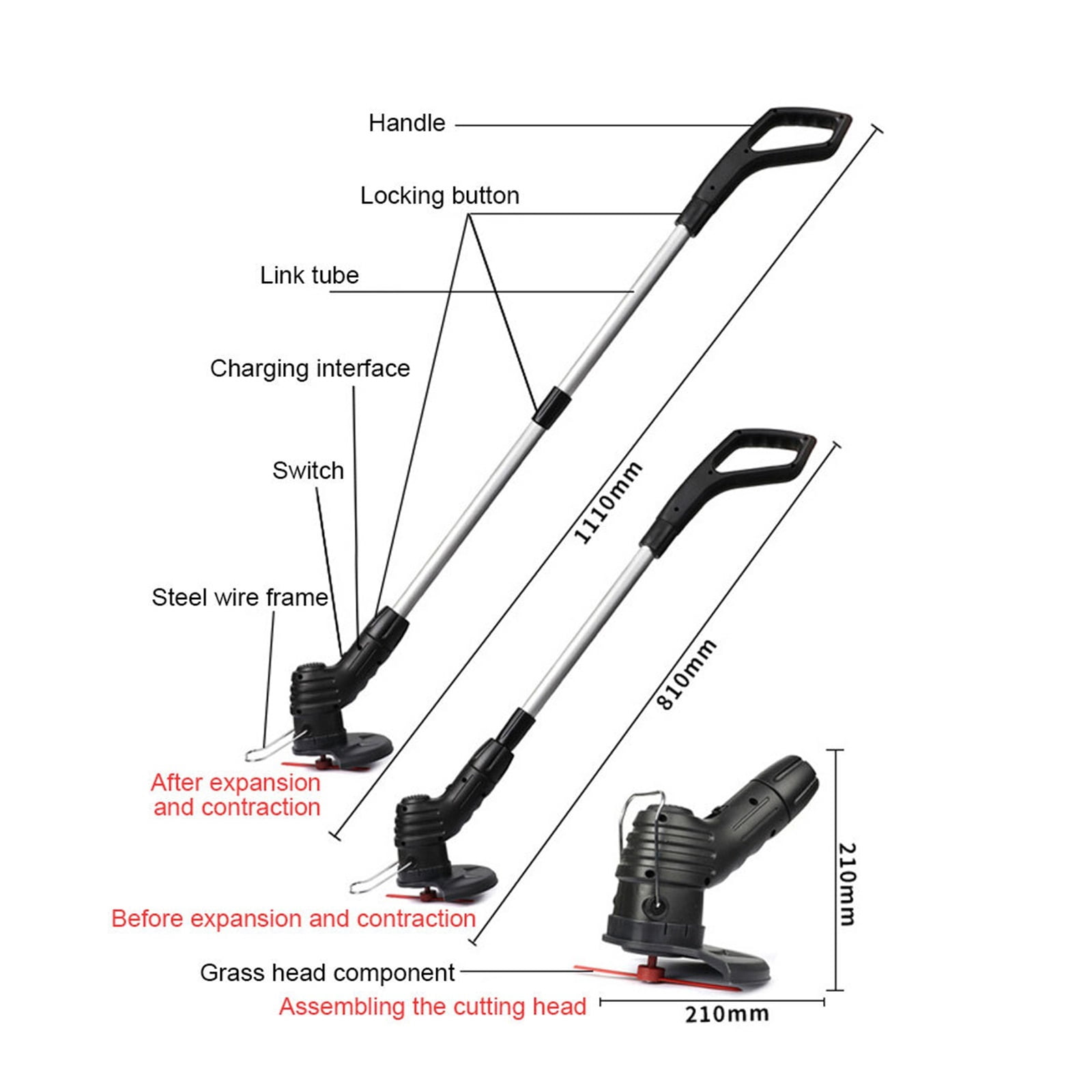 Electric Cordless Grass Trimmer Length Adjustable Weed Strimmer Cutter Portable Wireless Lawn Mower USB Charging For Garden/Lawn ,2 IN 1 Trimmer & Edger