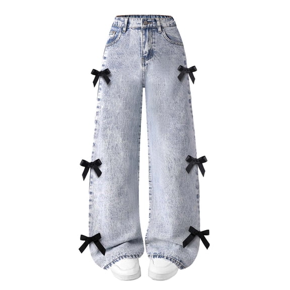 Children's Solid Color Casual Fashion Bow Embroidered Full Length Pants Jeans For Kids