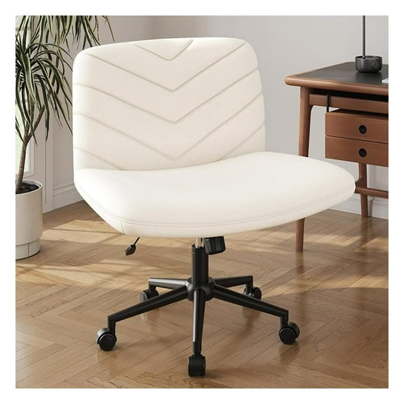 Wide Criss Cross Legged Office Desk Chair with No Wheels, Vanity Comfy Swivel Computer Chairs for Home Office Reading Makeup, Beige
