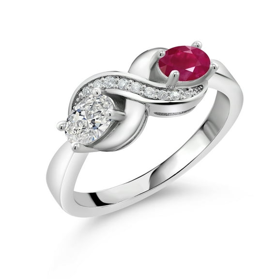 Gem Stone King 925 Sterling Silver Lab Grown Diamond and Red Ruby and White Created Sapphire Infinity Promise Ring for Women | 1.09 Cttw | Oval 6X4MM | Gemstone April Birthstone | Size 6