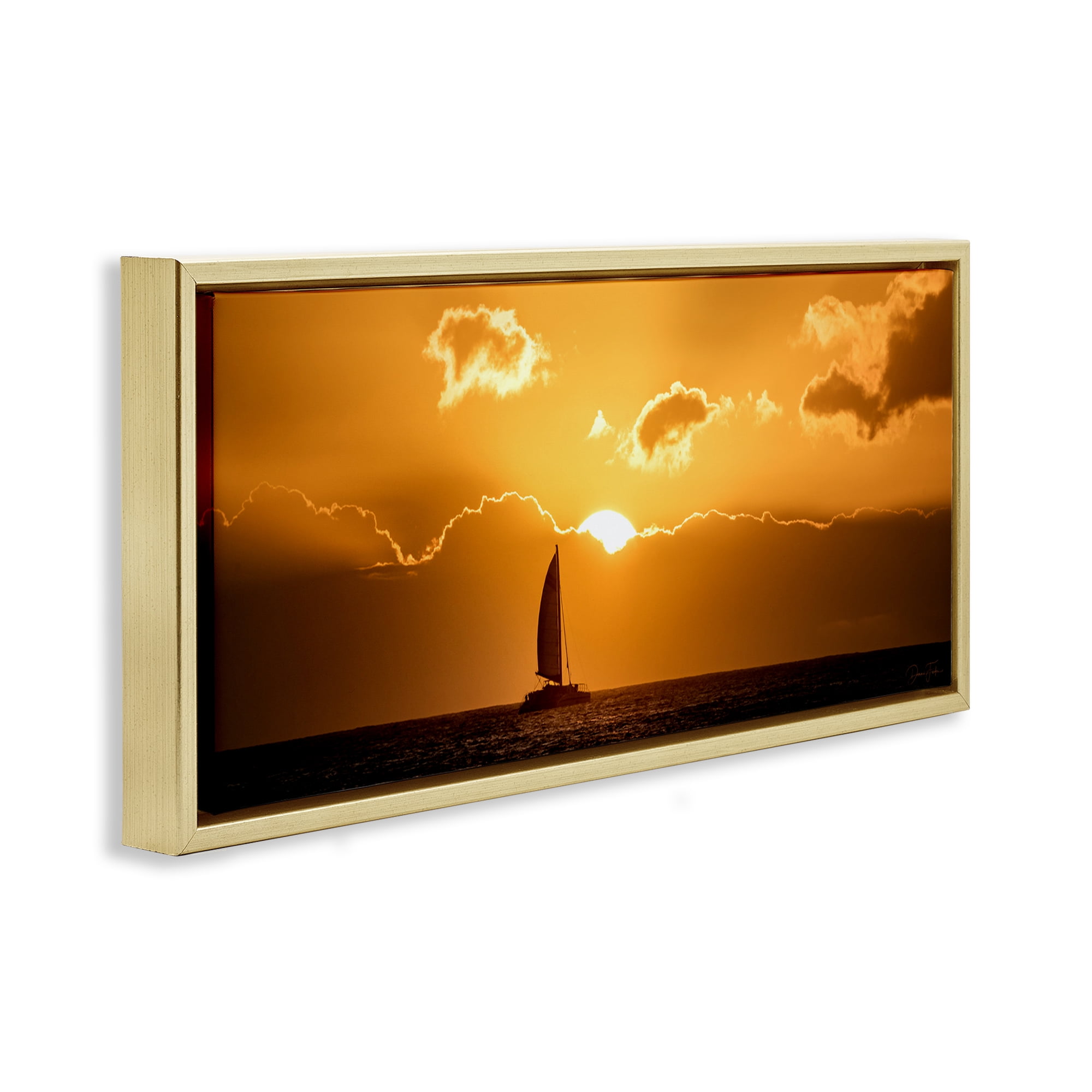 Stupell Industries Tranquil Sunset Sailboat Transportation Photography Gold Floater Framed Canvas Art Print Wall Art, 31 x 14