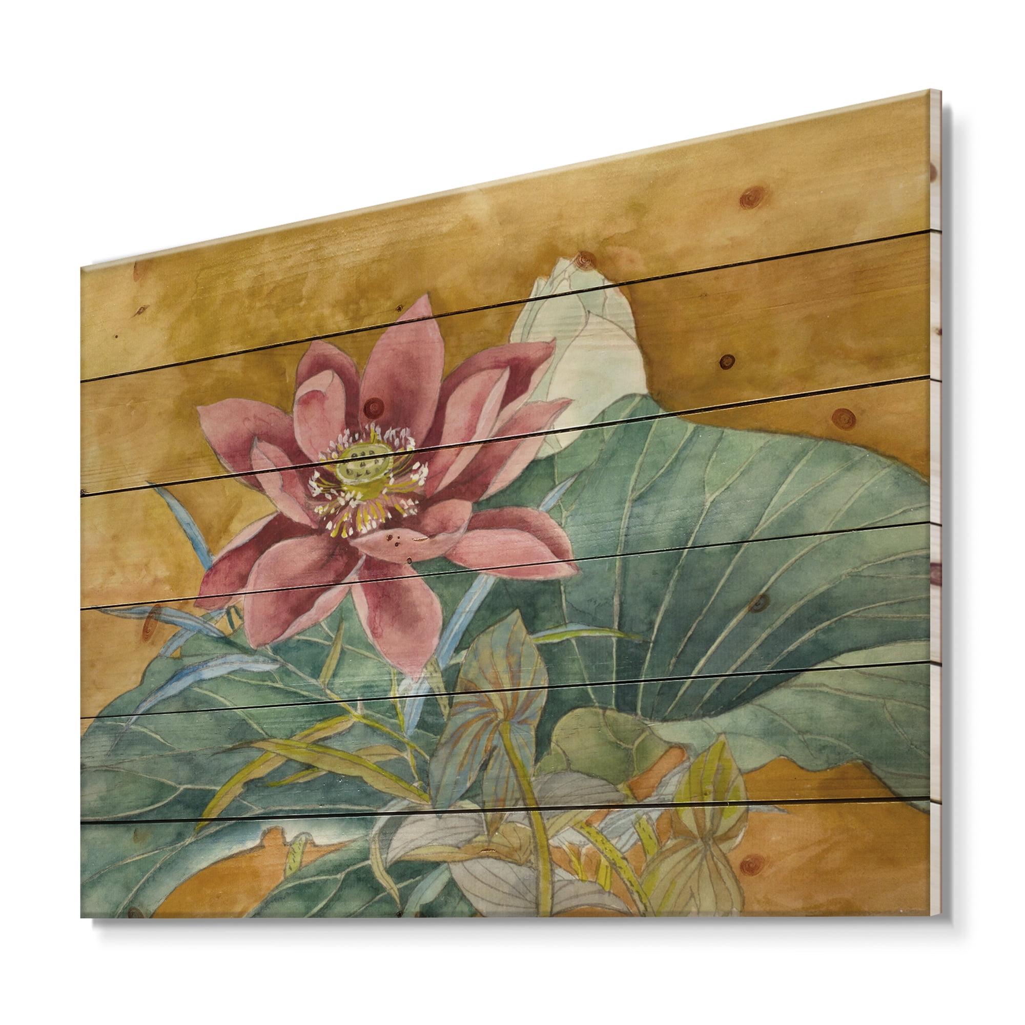 Designart 'Ancient Impression of Pink Lotus' Traditional Print on Natural Pine Wood