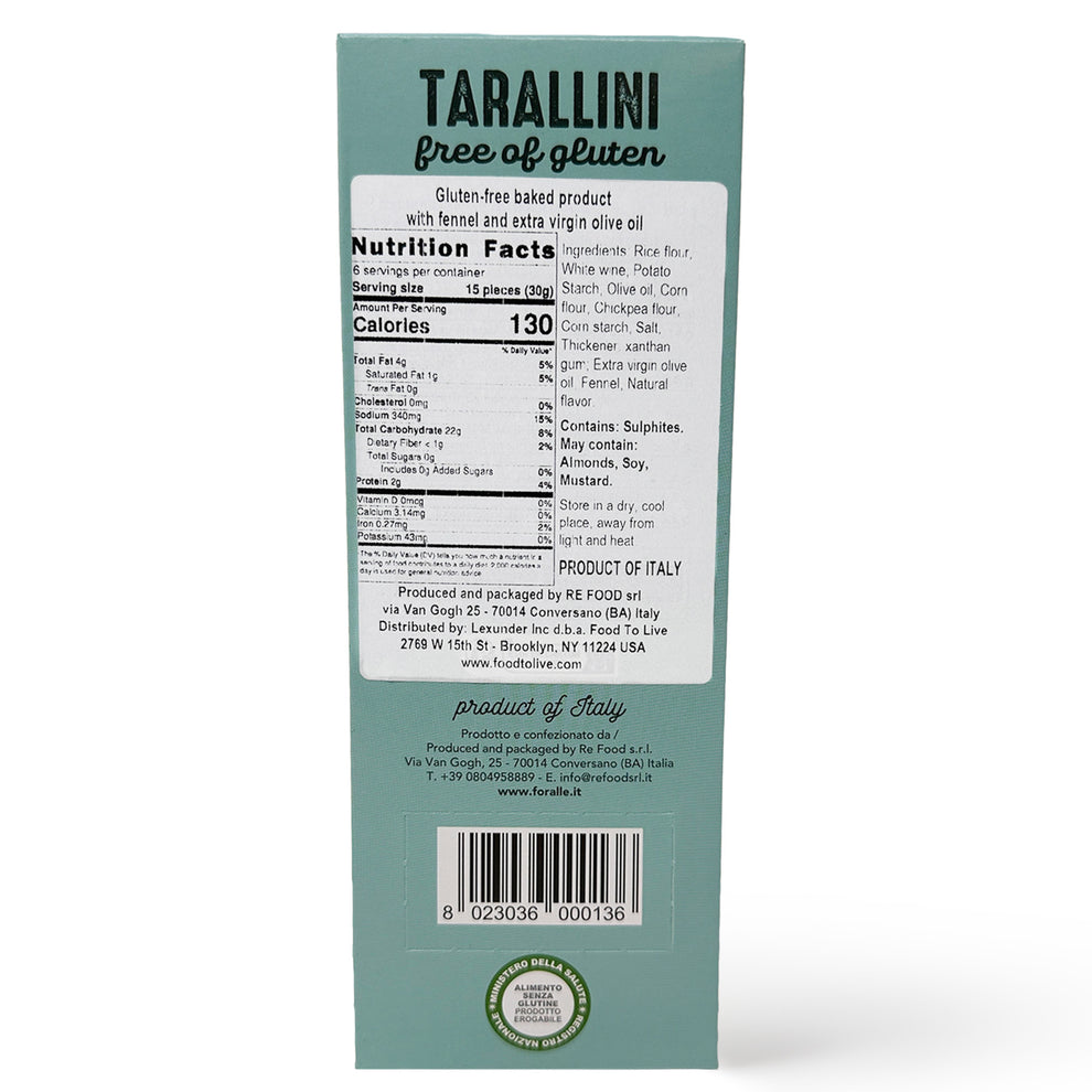 For Alle Gluten-Free Tarallini with Fennel and Extra Virgin Olive Oil, 6x1.05 oz (6.34 oz) – Traditional Italian Pugliese Snack. Oven-Baked. Vegan. Cholesterol-Free. (Pack of 9)