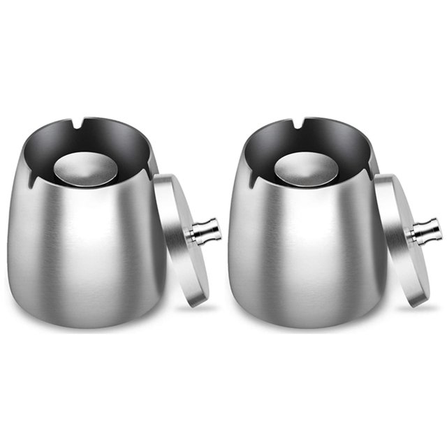 2x Cenicero De Acero Inoxidable Con Tapa Cenicero Pesado Base Antideslizante De Viento Tormenta Compatible Con Exterior E Interior S