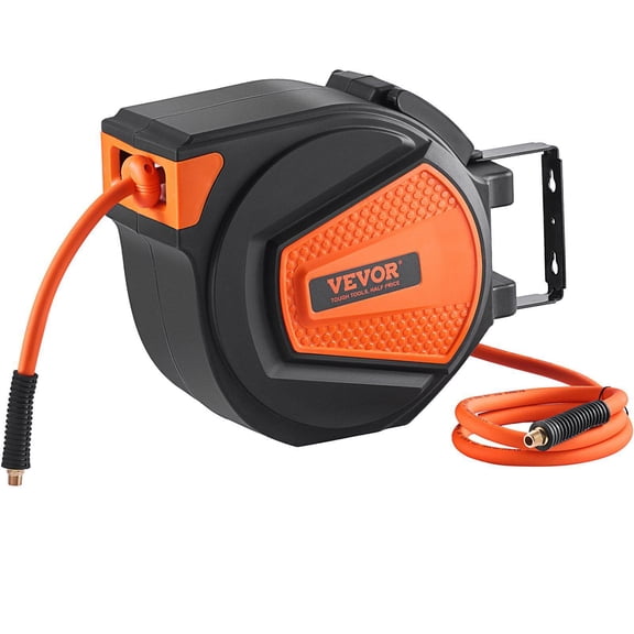 Retractable Air Hose Reel 3/8 Inch x 50 FT Hybrid Air Hose 300 PSI Max with 5 Ft Lead in Ceiling Wall Mount Enclosed 180 Degree Swivel Mount