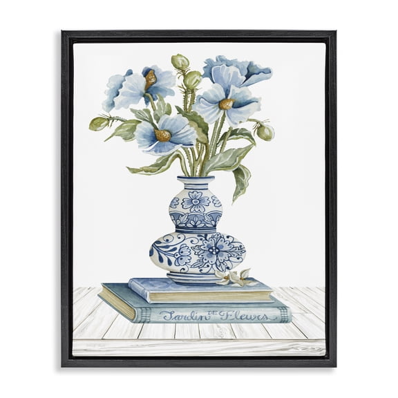 Stupell Industries French Country Blue Flower Arrangement Ornate Pottery Still Life Black Floating Frame Canvas Art, 17 x 21, by Cindy Jacobs