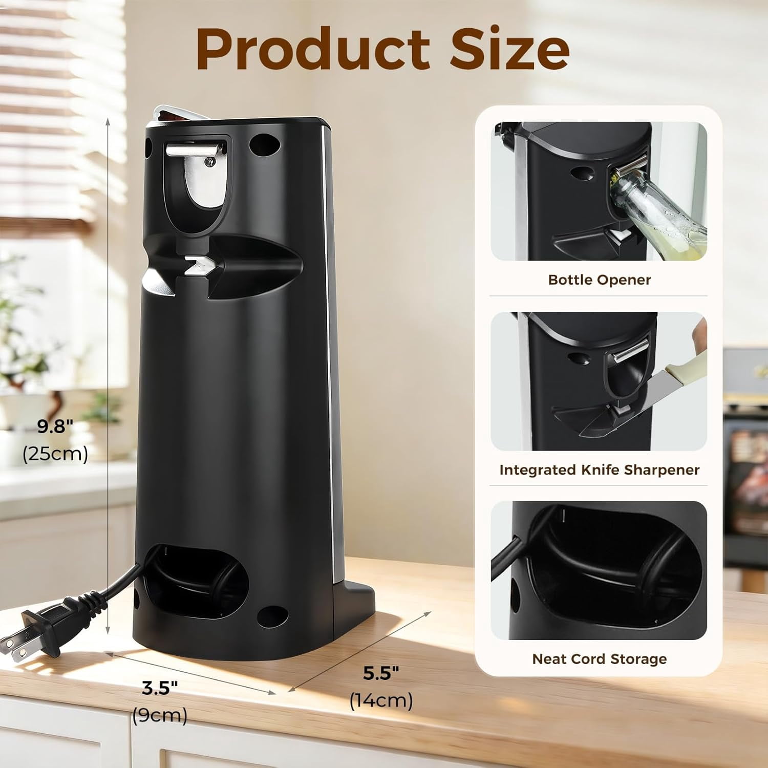 Davivy Electric Can Opener - Stainless Steel Tall Automatic Can Opener with Knife Sharpener and Bottle Opener, Efficient and Safe for Home Use, Saves Time