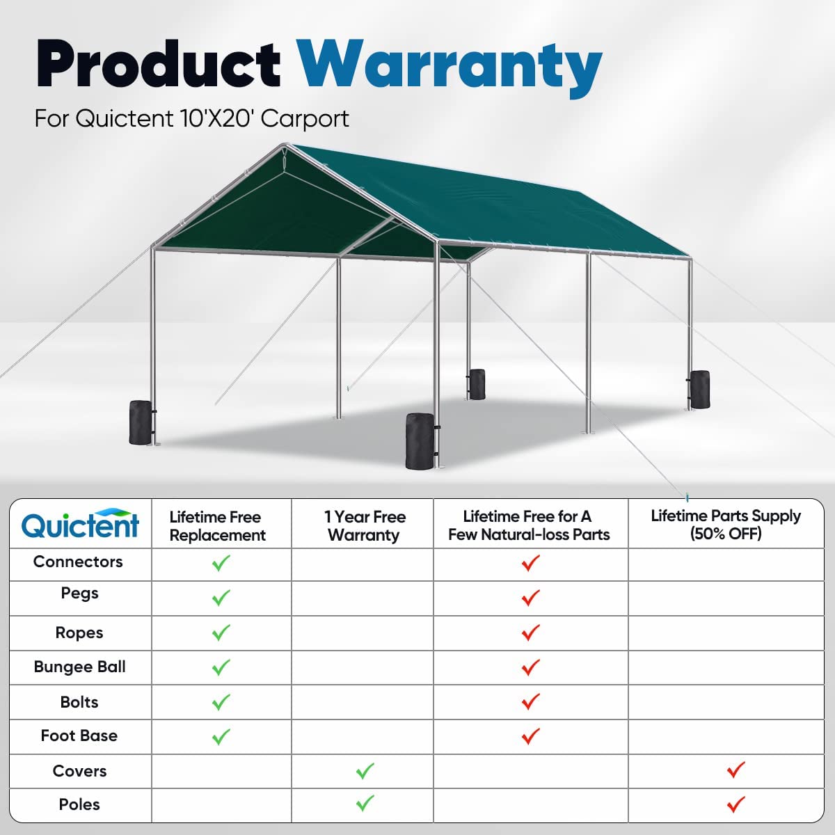 Quictent 10X20ft Heavy Duty Carport Outdoor Car Canopy with 3 Reinforced Steel Cables-Green