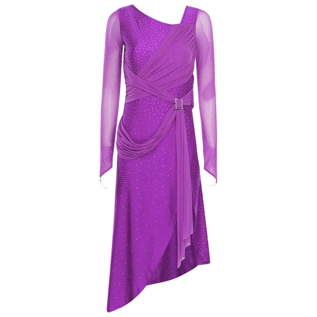 Jowowha Robe de Danse Latine à Strass Scintillants Ceinture Froncée Costume de Danse de Salon Violet P