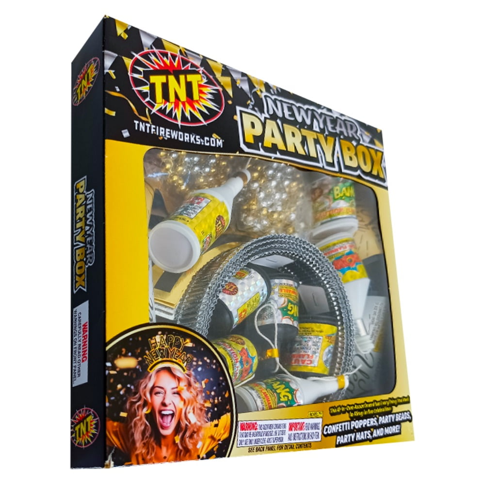 TNT Fireworks, New Year's Party Box, Party Poppers and Hats, Gold and Silver