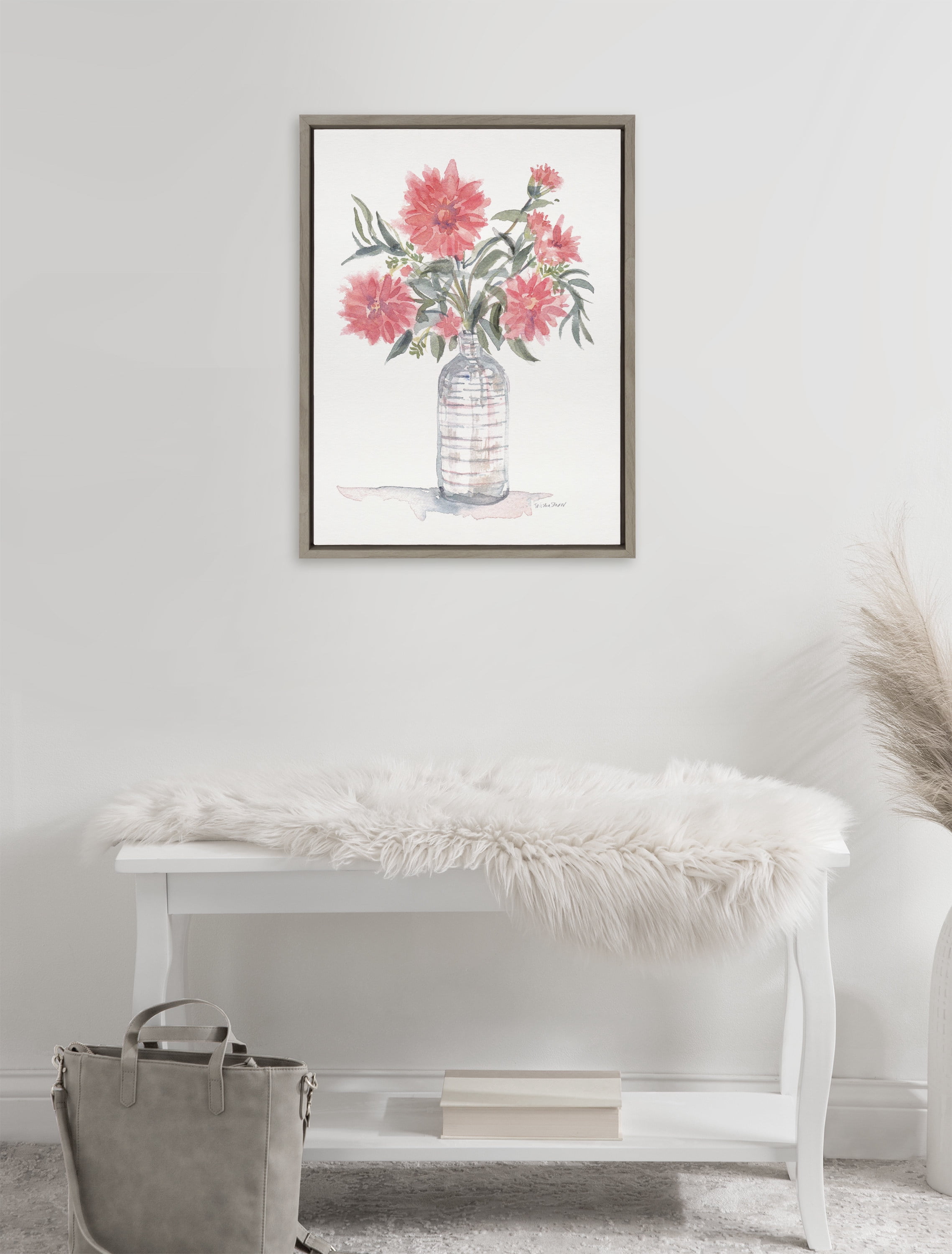 DesignOvation Sylvie Graceful Floral in Peach Framed Canvas Wall Art by Patricia Shaw, 18x24 Gray, Farmhouse Chic Flower Home Décor