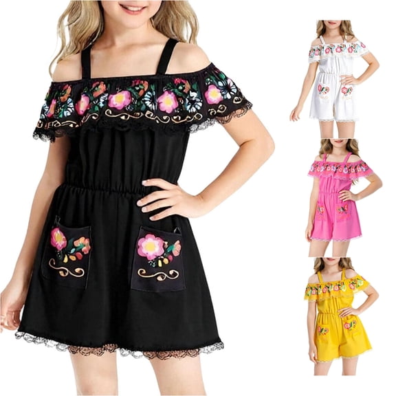 HNMKIU Halloween Clothes Girls Off Shoulder Mexican Folk Jumpsuit Rose Day Of The Dead Outfit Elegant Fancy Dress Party Wear Black,3-4 Years