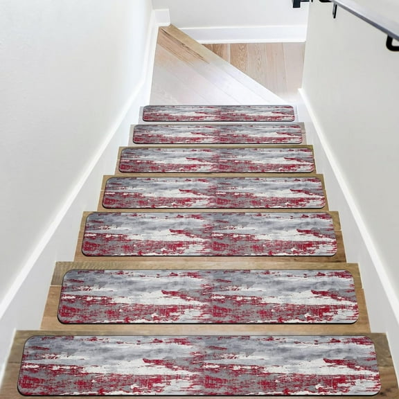 Non-Slip Carpet Stair Treads for Wooden Steps Red Grey 30"X8" Art Staircase Step Treads Indoor Soft Resistant Rubber Safety Stair Mats for Pets & Elders