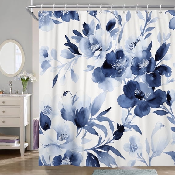 Pbobriich Blue Floral Shower Curtain, Watercolor Botanical Patterned Fabric Bath Curtain ,72x72in