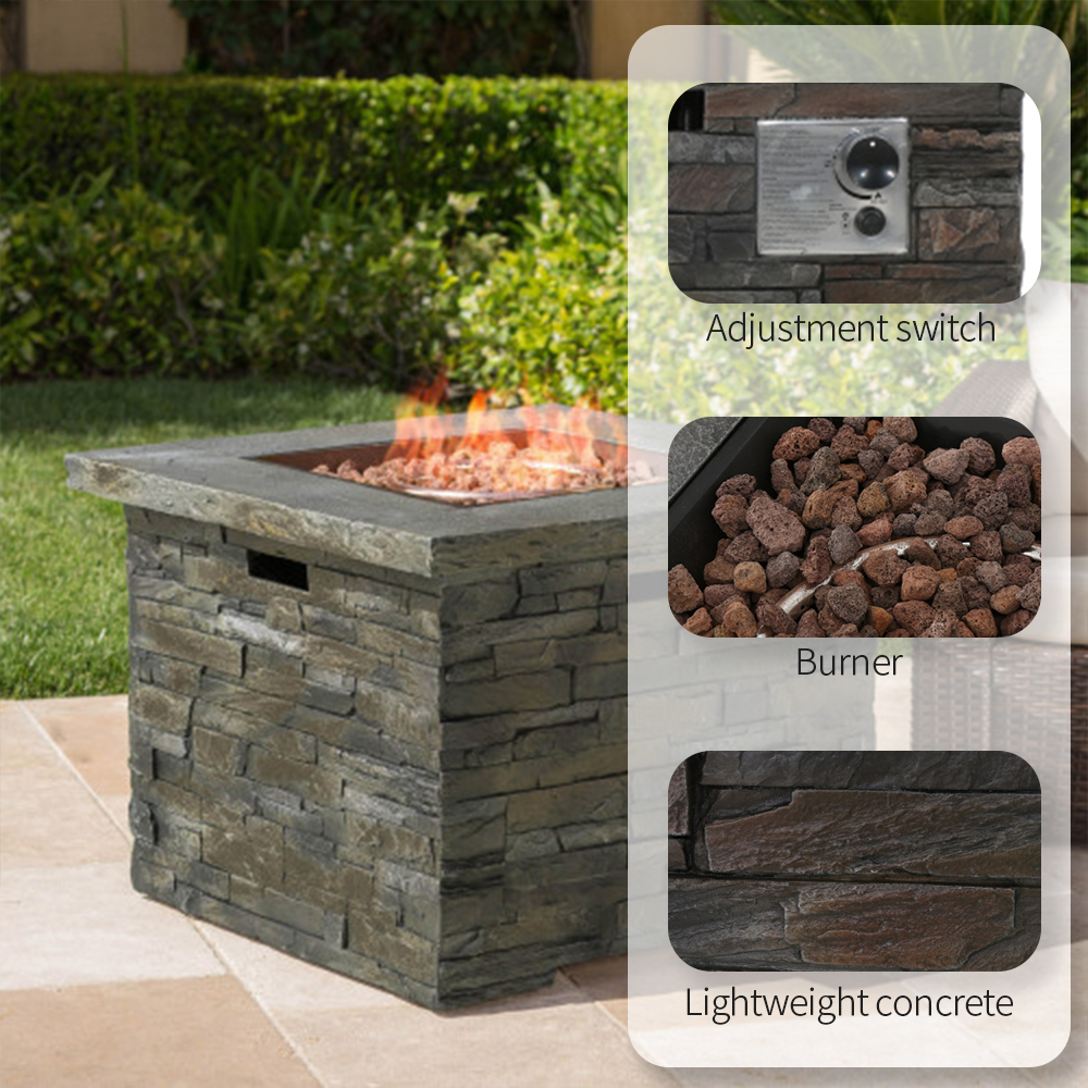 Square Outdoor Propane Gas Fire Pit Table with Stone Surface