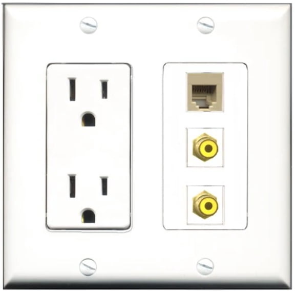 RiteAV - 15 Amp Power Outlet 2 Port RCA Yellow 1 Port Phone Beige Decorative Wall Plate