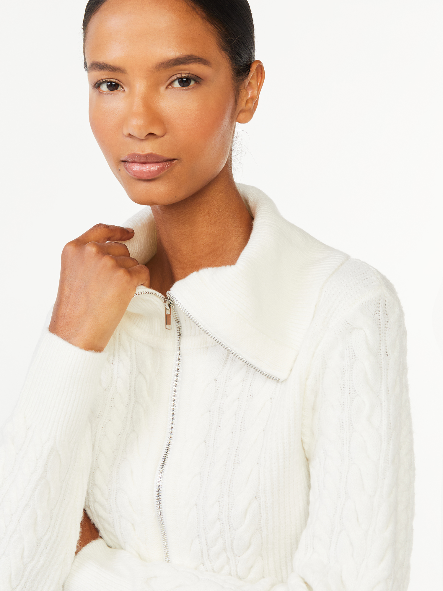 Scoop Women's Zip Front Cable Knit Sweater - image 2 of 5