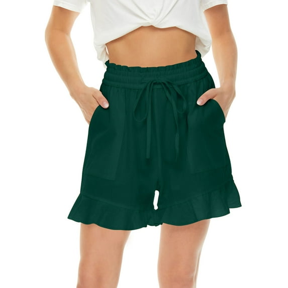 Grianlook Women Short Hot Pants Bermuda Summer Beach Shorts Drawstring Elastic Waist Casual Mini Pant Wide Leg Ladies Hawaii Ruffle Baggy With Pockets Green M