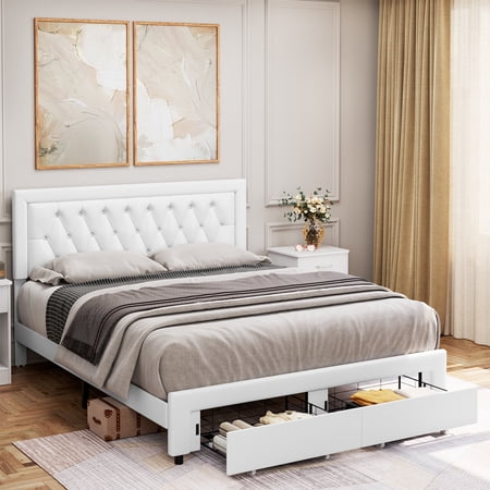 Homfa Full Size 2 Storage Drawers Bed Frame  PU Leather Upholstered Platform Bed with Adjustable Button Headboard  White