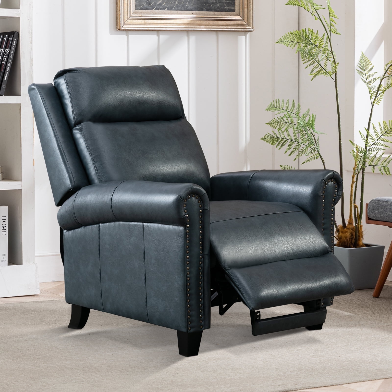 Bonzy Home Genuine Leather Recliner Push Back Recline Chair with Classic and Traditional Armrests Inlaid with Vintage Rivets, Navy