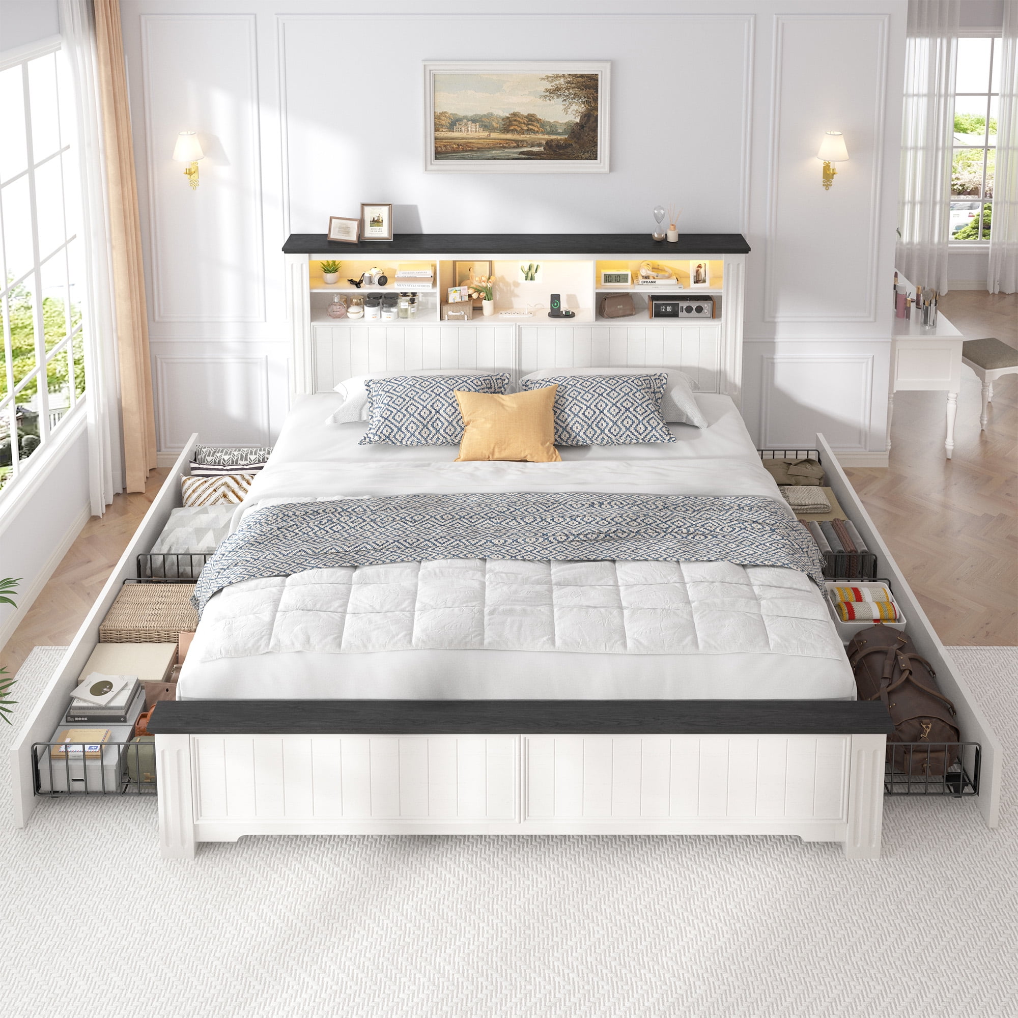 EnHomee King Size Bed Frame with 4 Storage Drawers Platform Bed Frame metal with Headboard and Storage Framhouse Bed Frame with LED Lights & Charge Station, White
