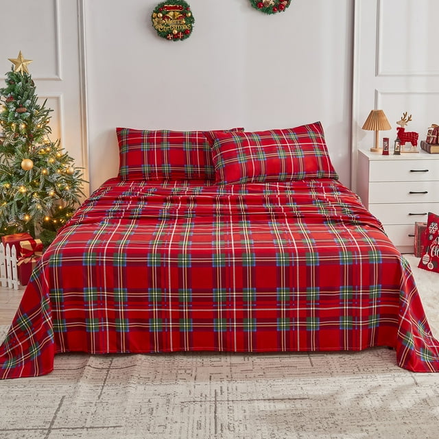 Gogreen Ensemble de Draps 3 Pcs à Poches Profondes pour Lit Simple s'Adapte à 14 Pouces, Microfibre Respirante Ultra Douce Ensemble de Draps Format Simple, Style Hôtel de Luxe Déco Maison Ensemble de Draps pour Lit Simple, Cadeau pour Femmes, Hommes - Carreaux Rouges de Noël
