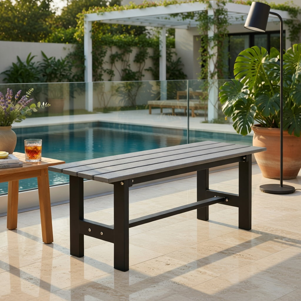 Hommoo 47" Outdoor Patio Bench Chair, Heavy-Duty Slatted Seat, Weather-Resistant HDPE & Powder-Coated Iron Frame, Gray