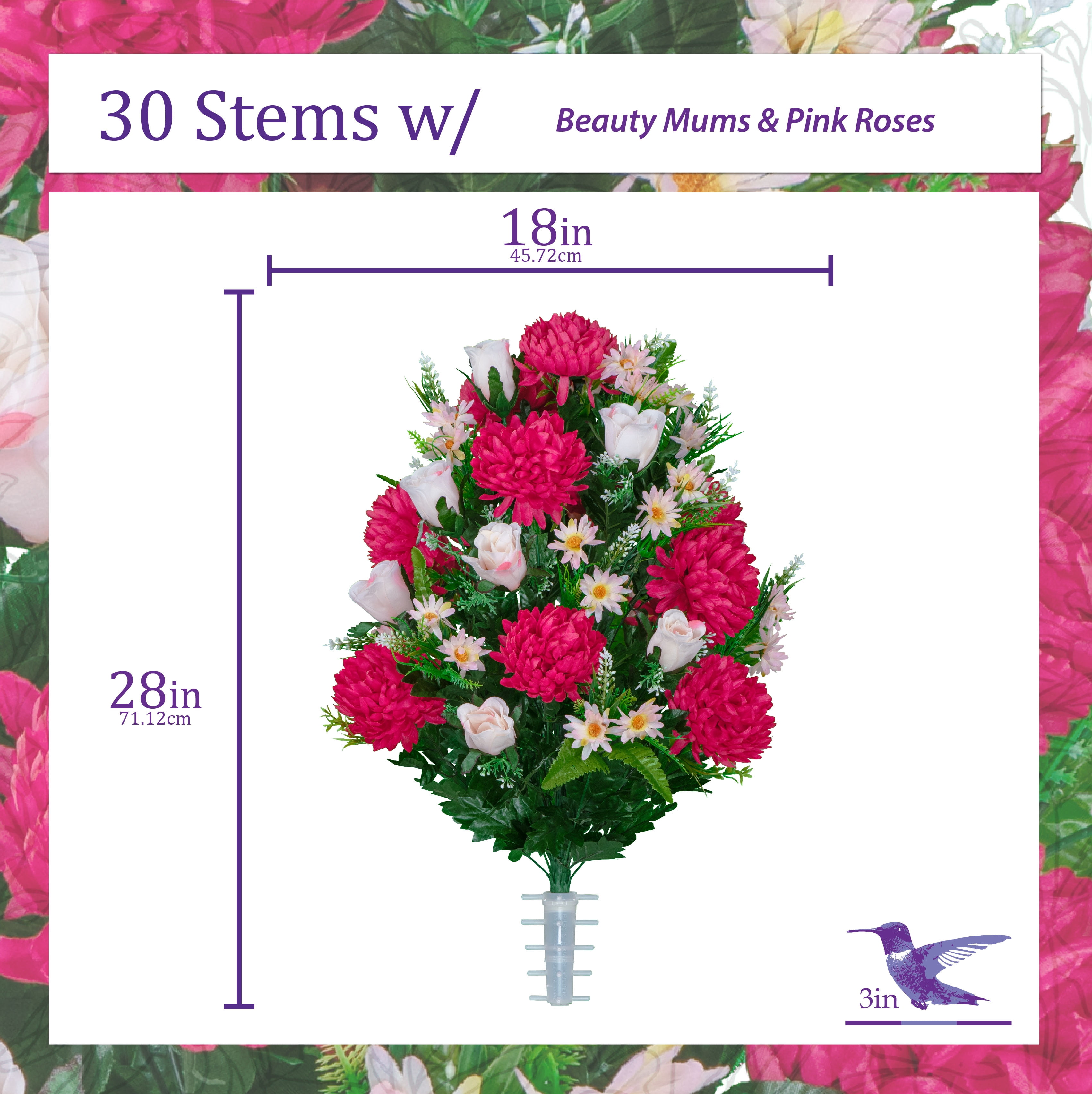 Sympathy Silks Artificial Cemetery Flowers Beauty Mums and Pink Roses Bouquet with Vase