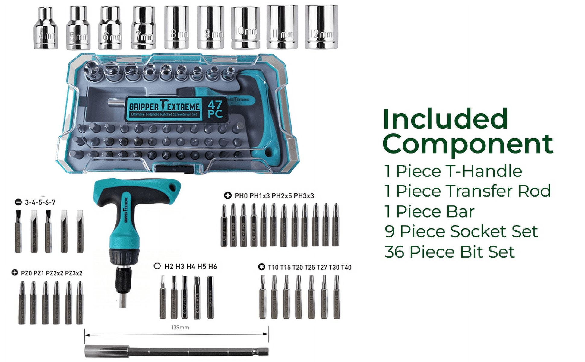GRIPPER EXTREME, T-HANDLE RATCHET MULTI-BIT SCREWDRIVER SET