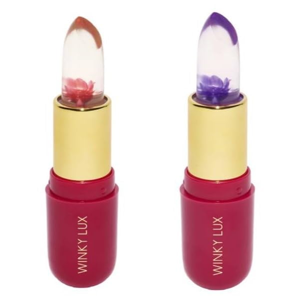 Winky Lux Flower Balm Lápiz labial que cambia de color con pH y bálsamo labial teñido Vegano y libre de crueldad Hidratante y regordete Rosa transparente Flor rosa y morada con aroma a vainilla
