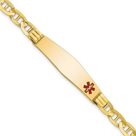 Primal Gold 14 Karat Yellow Gold Medical Soft Diamond Shape Red Enamel Anchor Link ID Bracelet