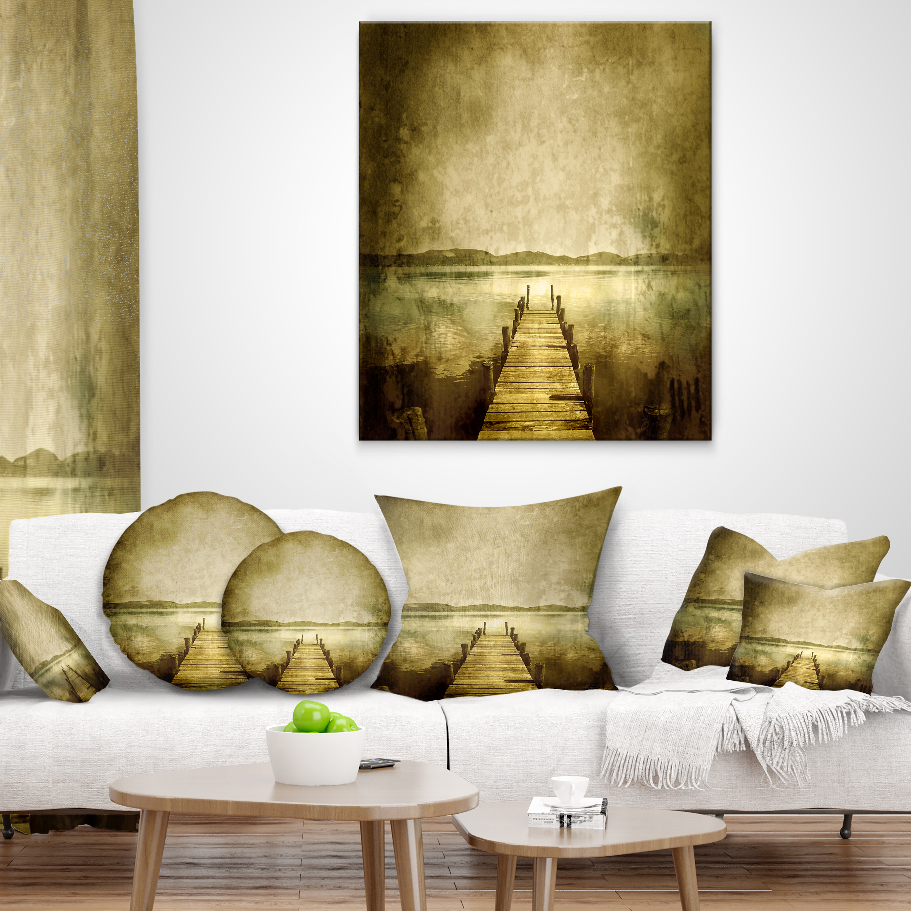 Designart Vintage Pier Over Lake - Landscape Printed Throw Pillow - 18x18