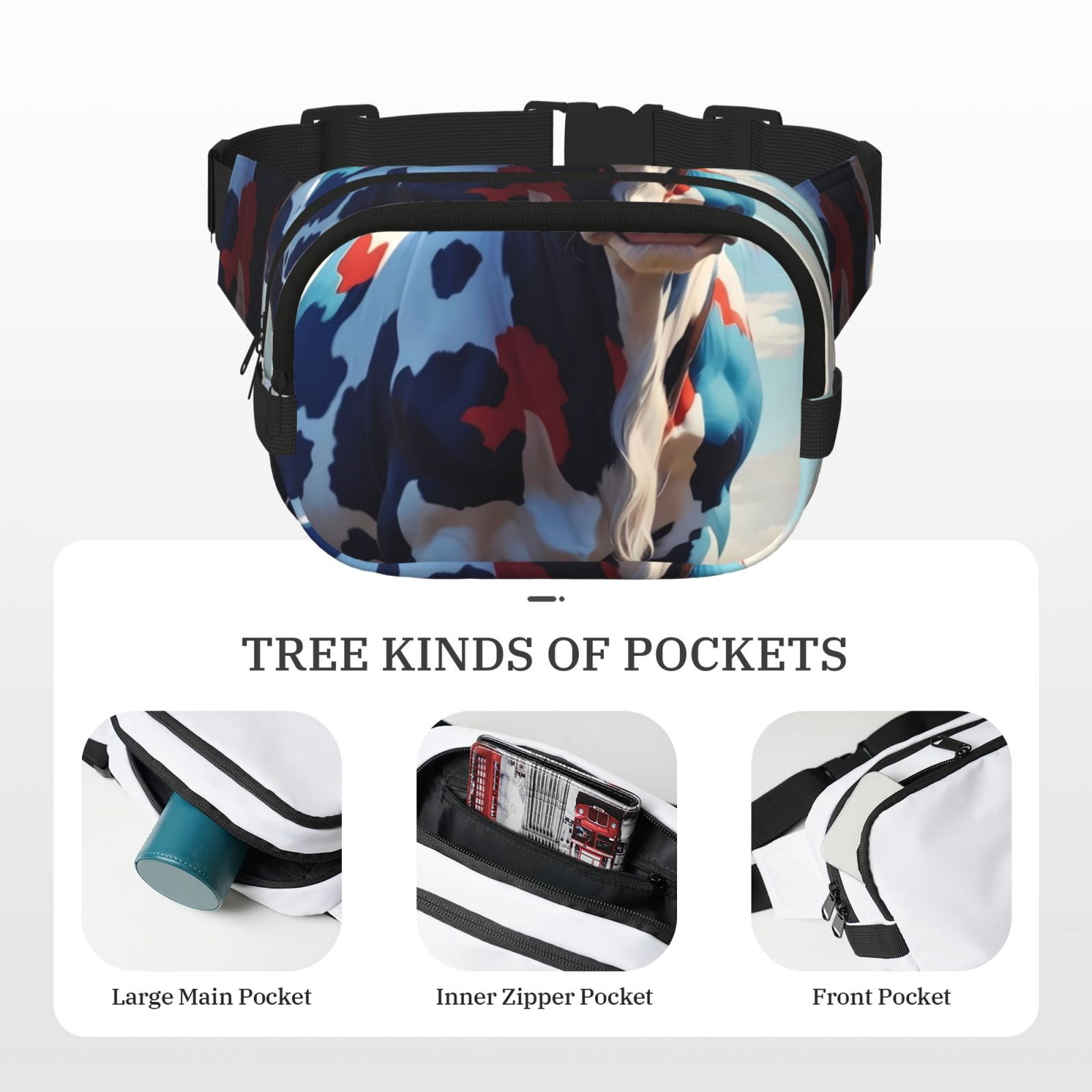 Picia Colorful Cow Pasture Print Square Double-Layer Waist Bag Mini Adjustable Waist Belt Bag Exercise Running Travel Hiking