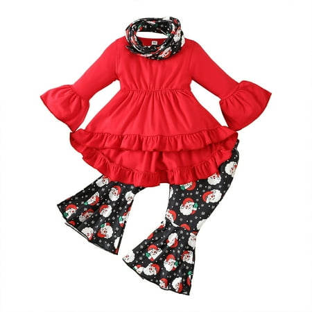 

UACY Toddler Girl s Clothes Outfits 3pc Set Long Sleeve Ruffle Hem Top Cartoon Print Flared Pants With Matching Bib Christmas Girl s Outfit