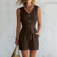 thumbnail image 5 of WAGUTH Women's Belted Cotton Linen Rompers V Neck Sleeveless Button Down Jumpsuit Casual One Piece Shorts with Pockets for Summer, 5 of 7