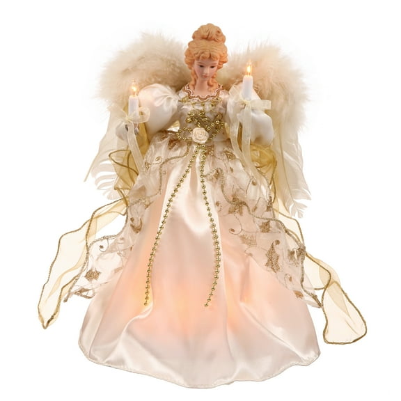 Vickerman 12" White-Gold Lit Angel Christmas Tree Topper.