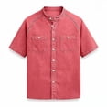 thumbnail image 4 of Hesxuno Men Fashion Button Down Shirts Mandarin Collar Denim Short Sleeve Shirt Loose Fit Western Work Tops Casual Stretchy Cowboy Blouses with Pockets Pink M, 4 of 5