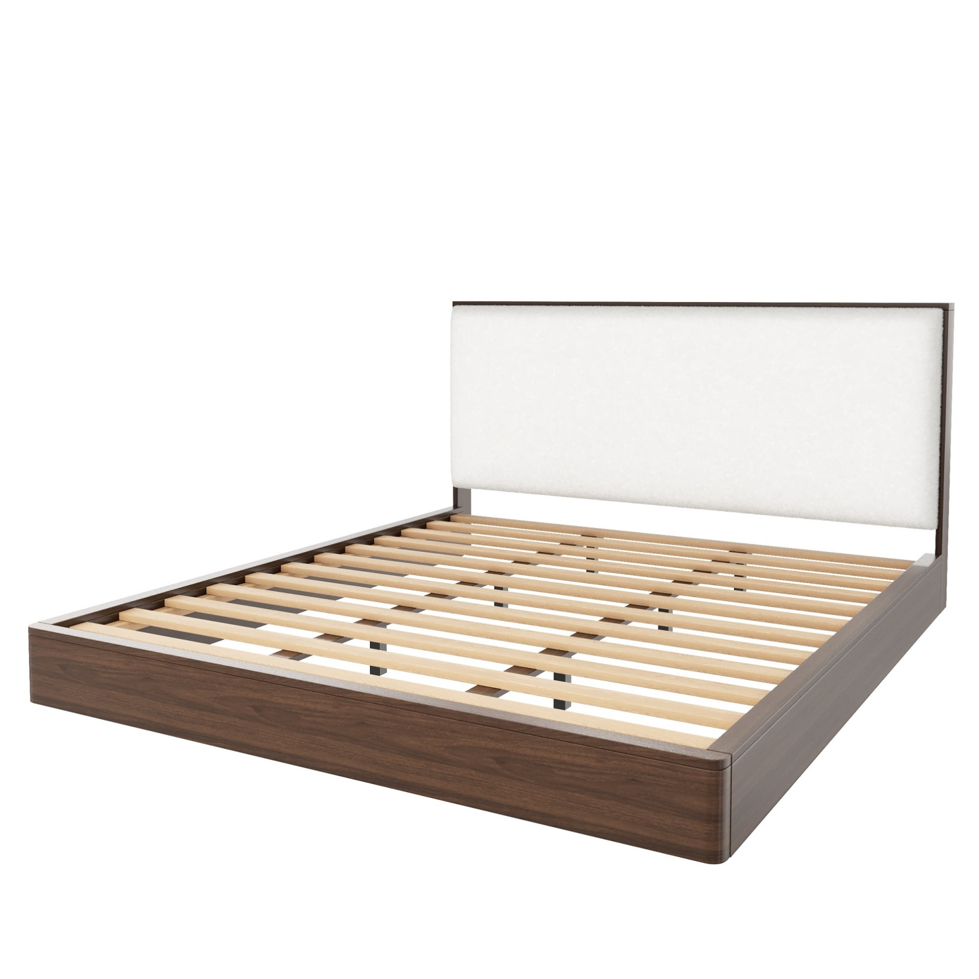 Euroco Wood King Size Platform Bed with Bouclé Upholstered Headboard, No Box Spring Needed, Walnut